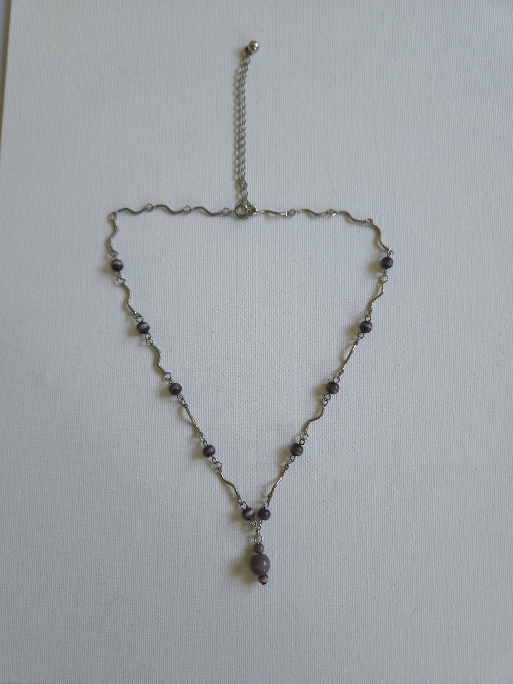 Vintage Silver Wavy Link Station Necklace, Purple Cat's Eye Bead Drop Pendant Ch